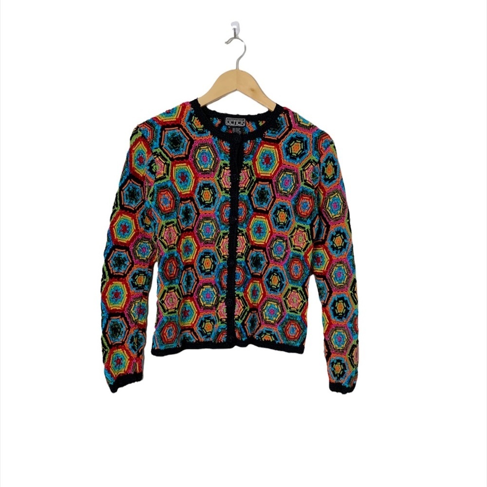 Vintage Crochet Hexagon‎ Multi Color Sweater Size Small